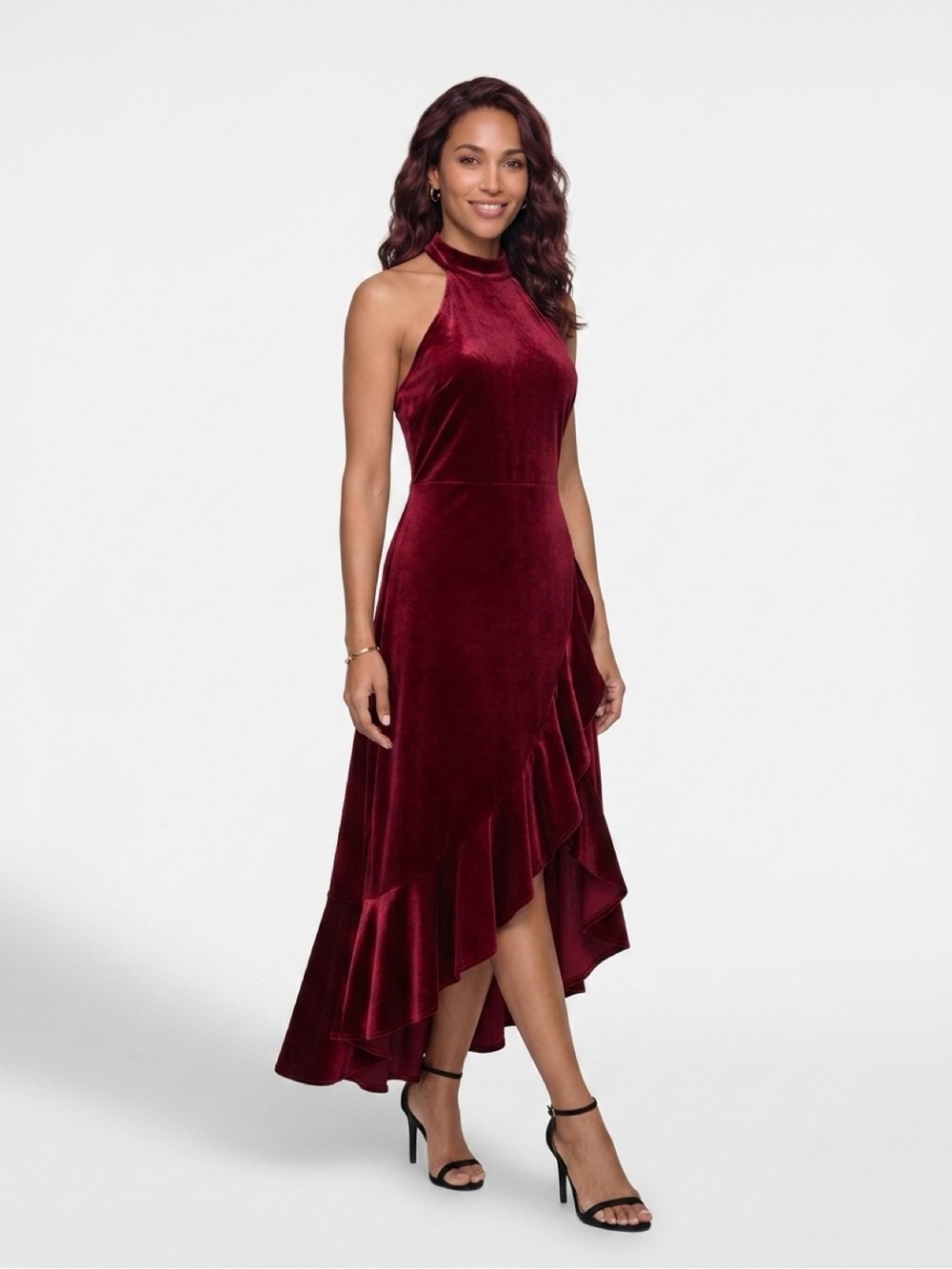 Burgundy Velvet Halter Maxi Dress – XS